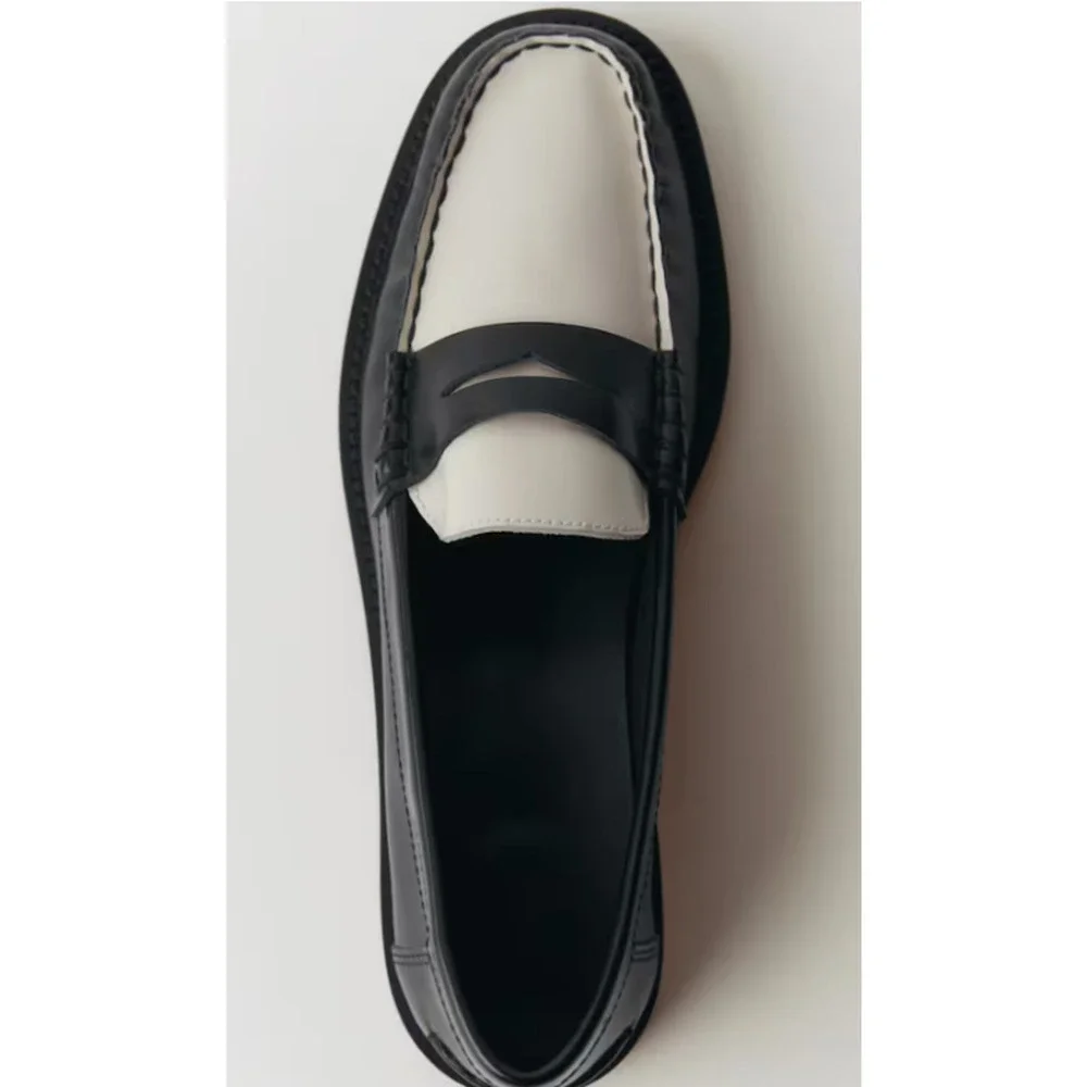 NEW MANGO MNG BLACK WHITE TWO TONE LEATHER PENNY LOAFERS SHOES SZ 37 US 6.5